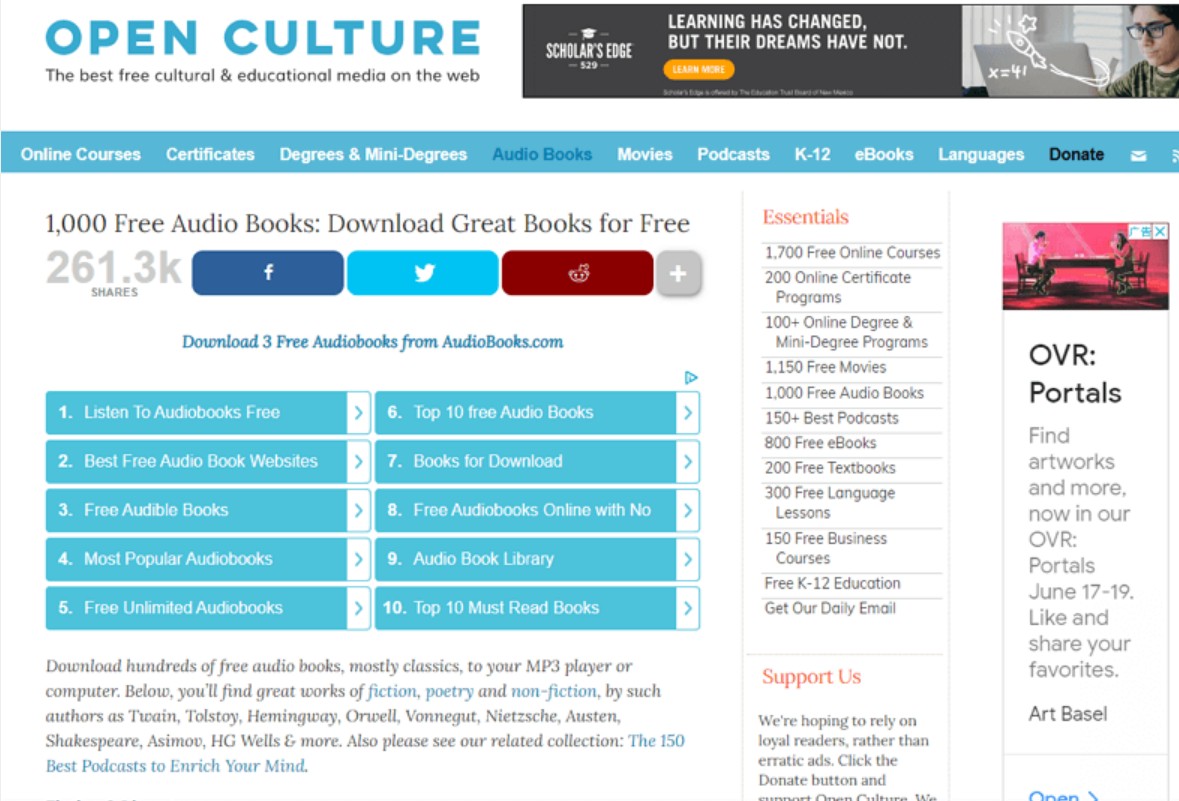 free online audiobooks site without downloading: Open Culture