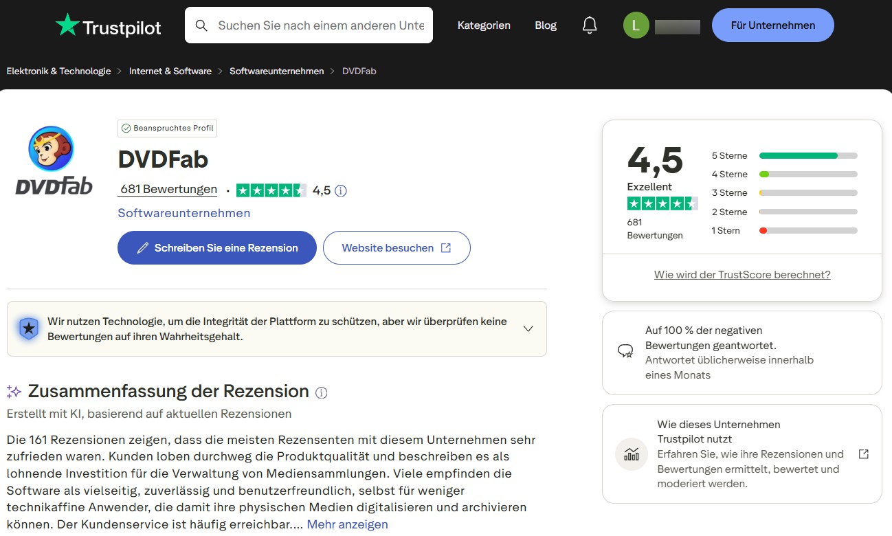 DVDFab Erfahrungen – Was Nutzer auf Trustpilot über DVDFab sagen 2026