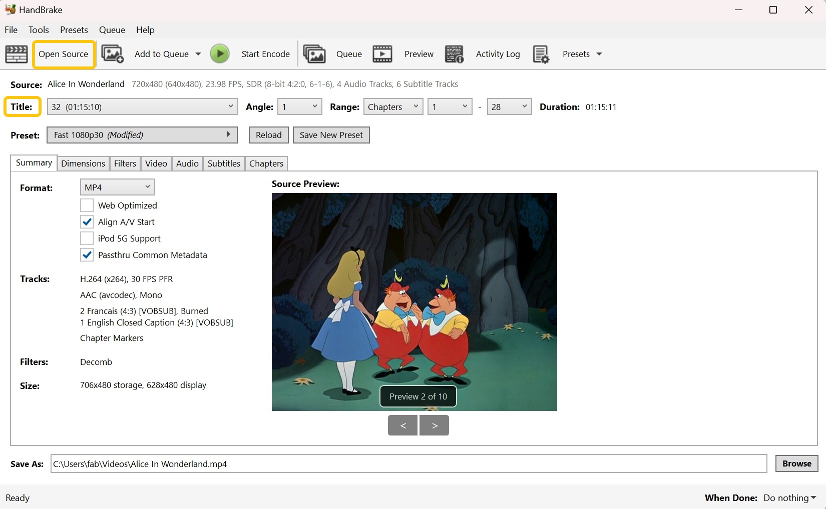 convertir vob en mp4 avec handbrake
