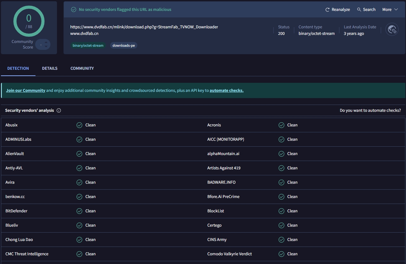 VirusTotal-Ergebnis von StreamFab