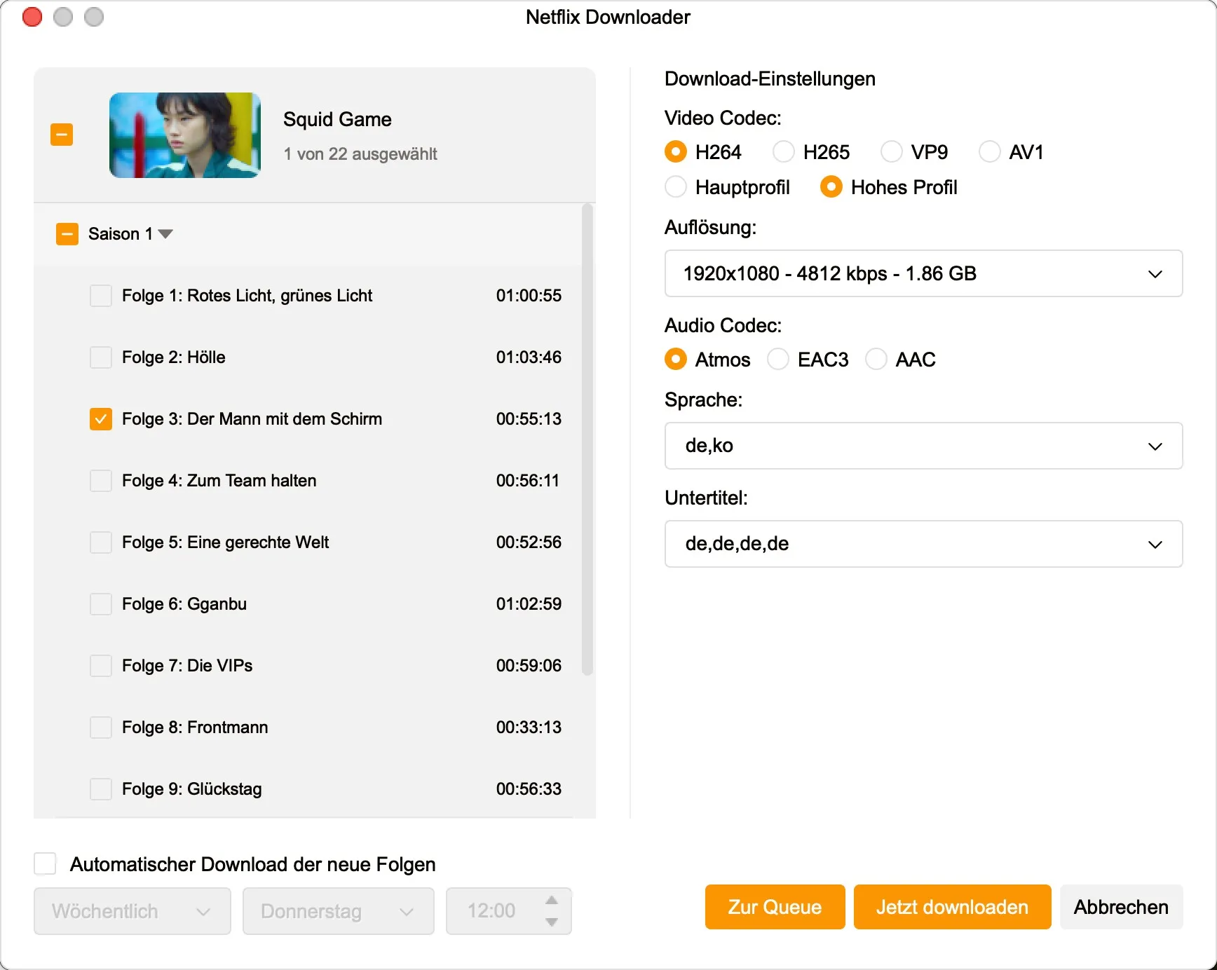 StreamFab Download-Einstellungen: Auflösung 1080p, Codec H264, EAC3 Audio