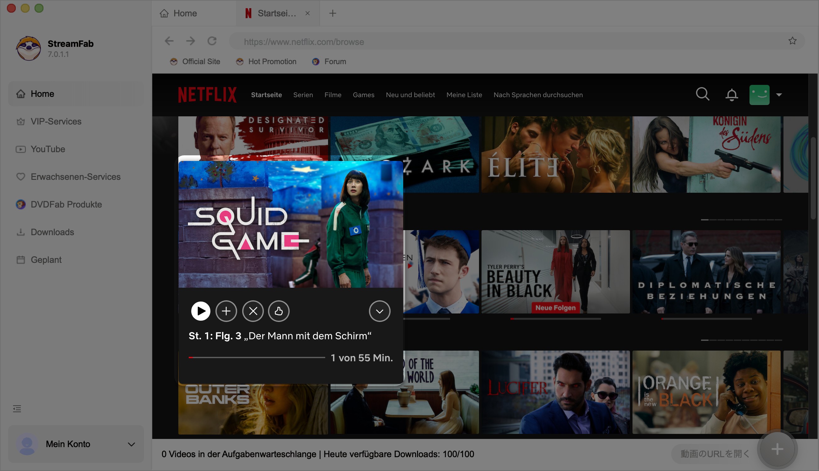 StreamFab auf Mac: integrierter Browser öffnet Netflix-Startseite