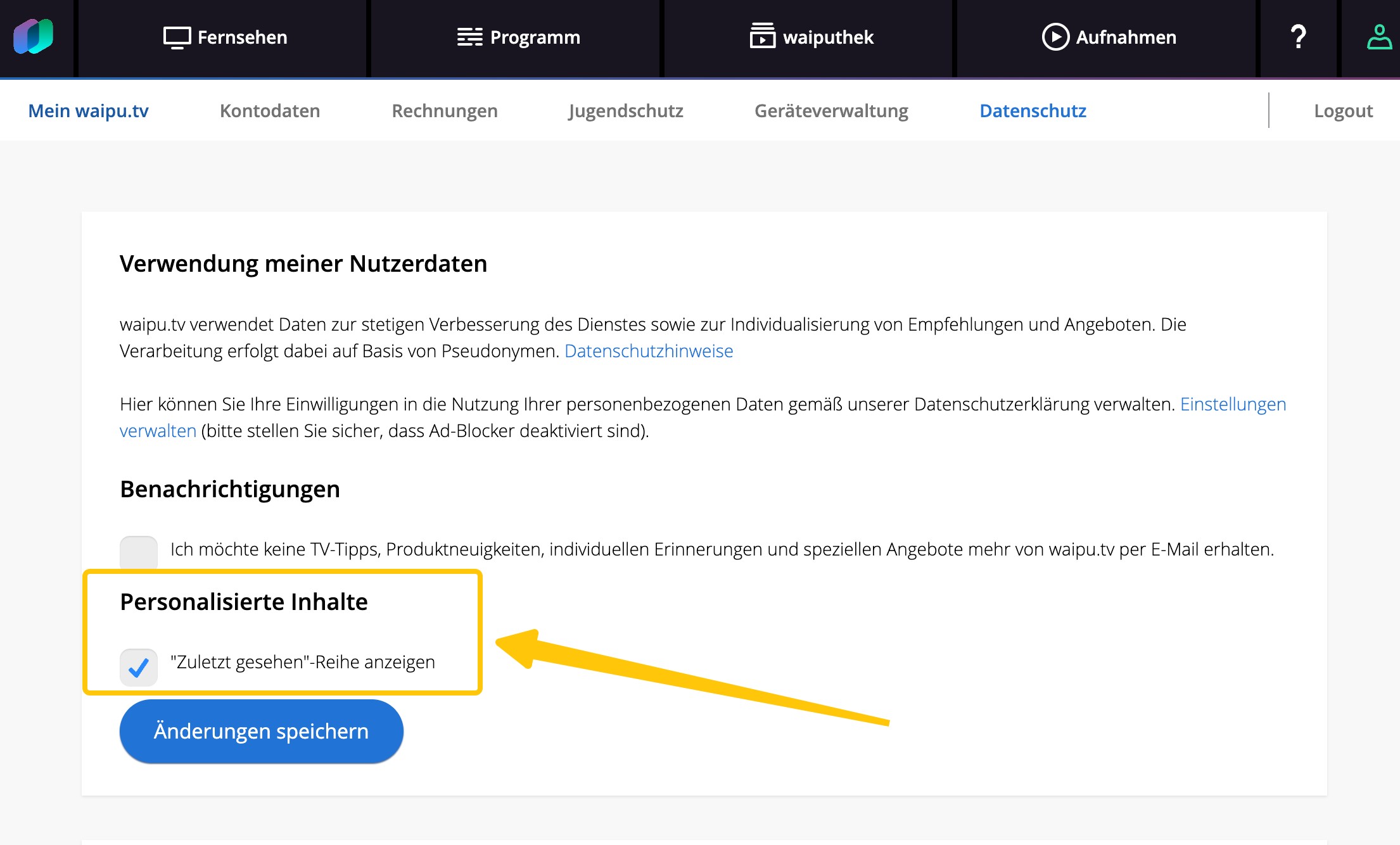 Einstellungsmenü für Datenschutz bei Waipu.tv zur Deaktivierung personalisierter Werbung