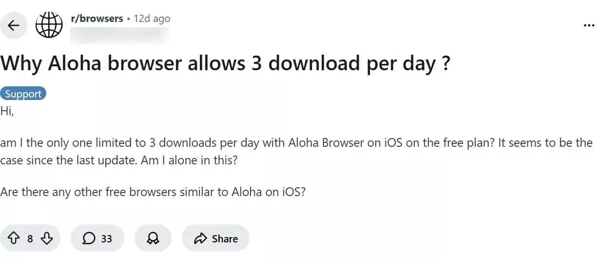 a screenshot showing some users notice aloha browser allows 3 free downloads per day now