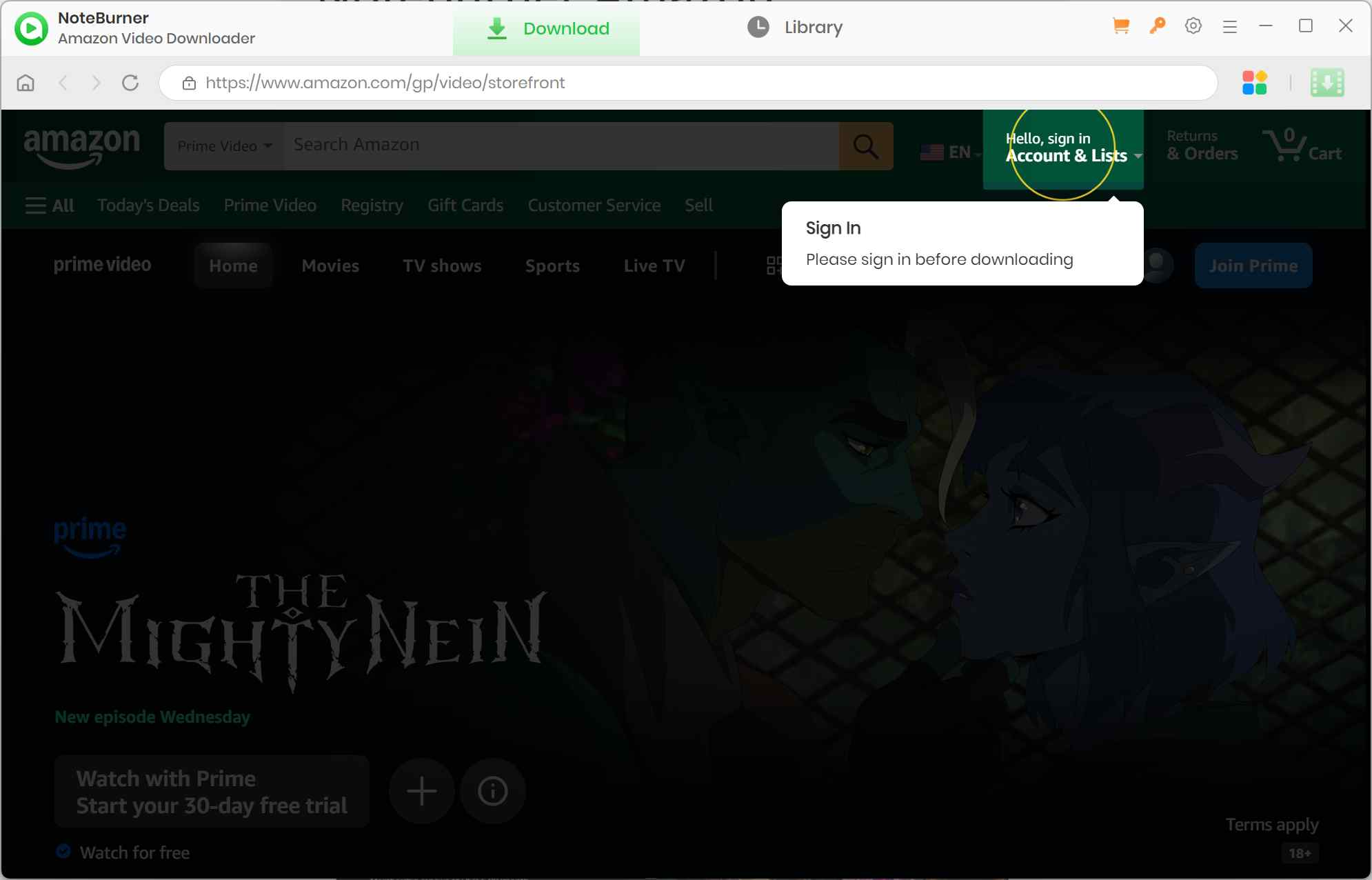 noteburner amazon video downloader review: how to use it step 1