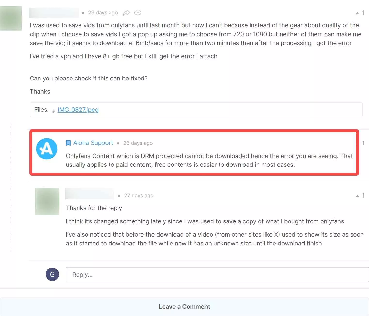 a screenshot showing aloha officially admits they don't support drm onlyfans downloads