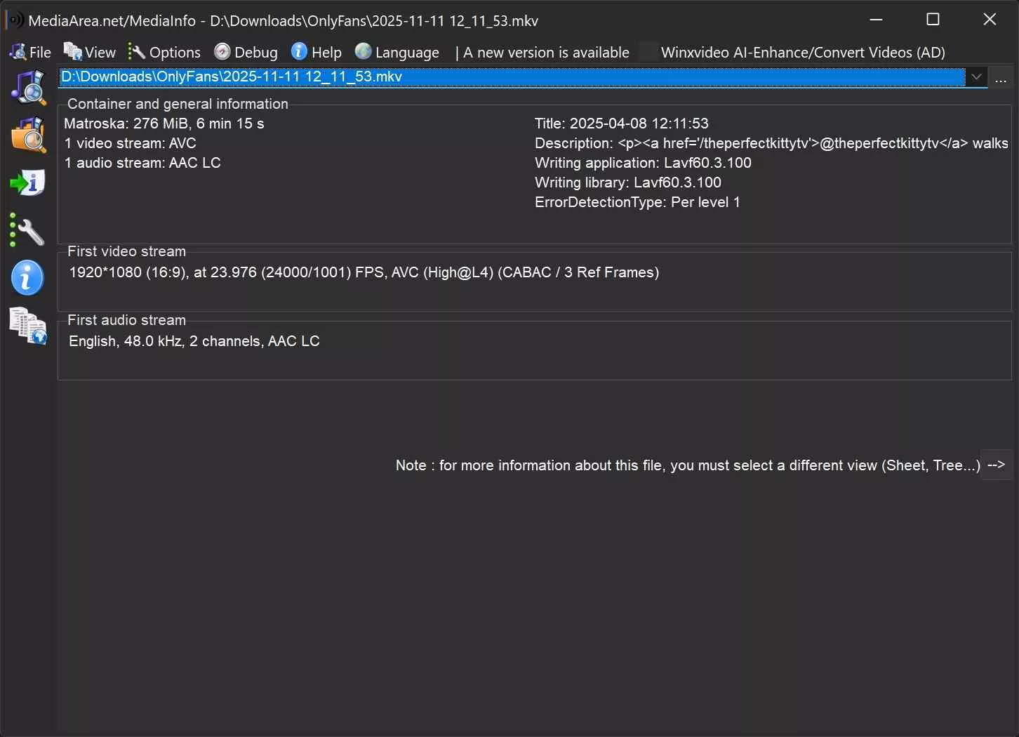 a scan result from mediainfo of the downloaded onlyfans videos via streamfab