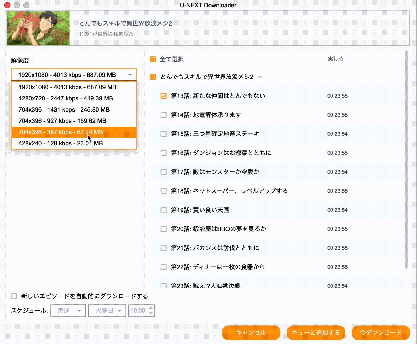 解像度選択とエピソード一括チェック画面